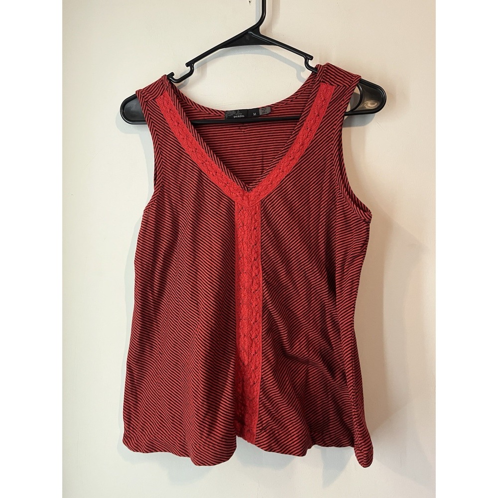 Vintage Y2K Prana Tank Top Crochet Accent Red Stripe Size Med Organic Cotton